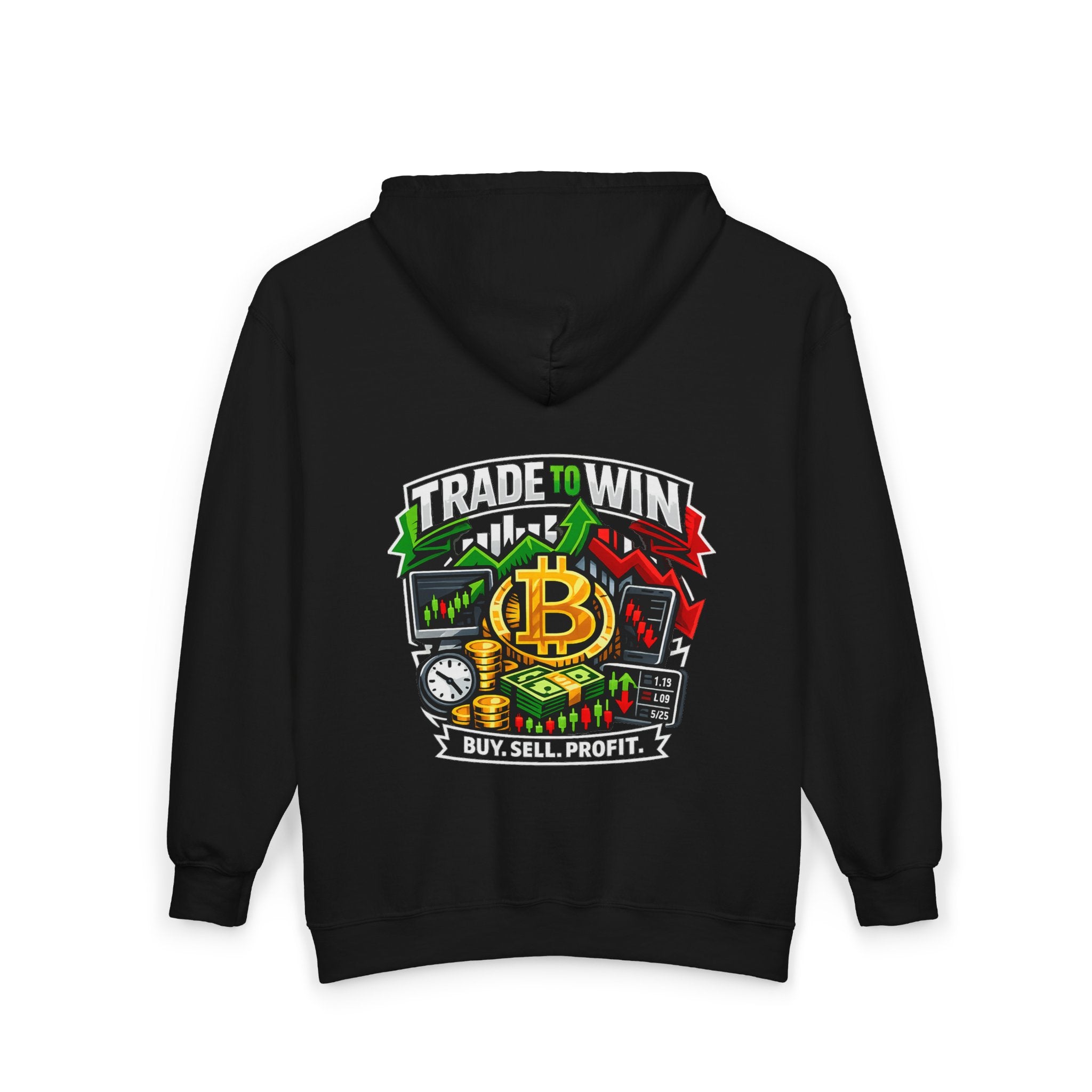 Trading Hoodie — "Trade to Win, Buy Sell Profit" Full-Zip Sweatshirt